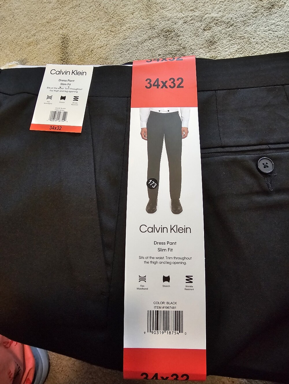 Calvin Klein Men's Slim Fit Black Dress Pants Size 34X32 Flex Waistband NWT